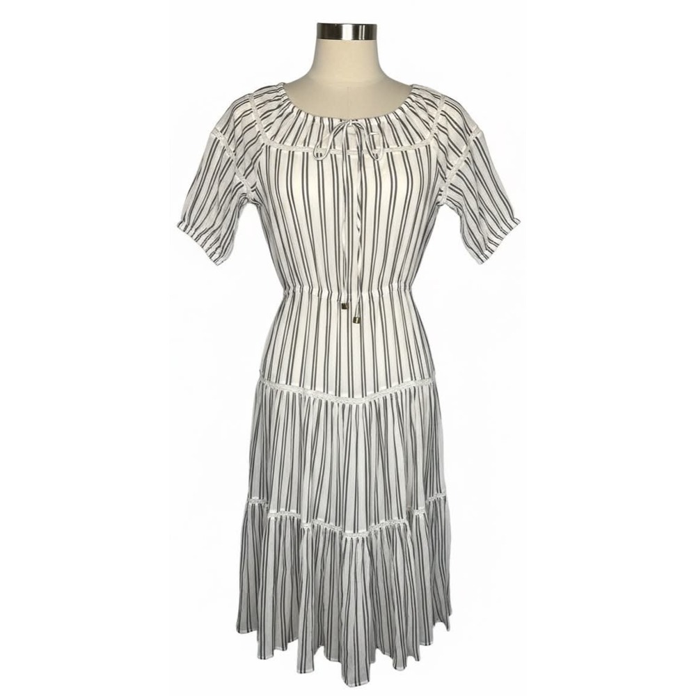 Lauren RALPH LAUREN sz 0 Striped Crinkled Cotton Off Shoulder Tiered Midi Dress